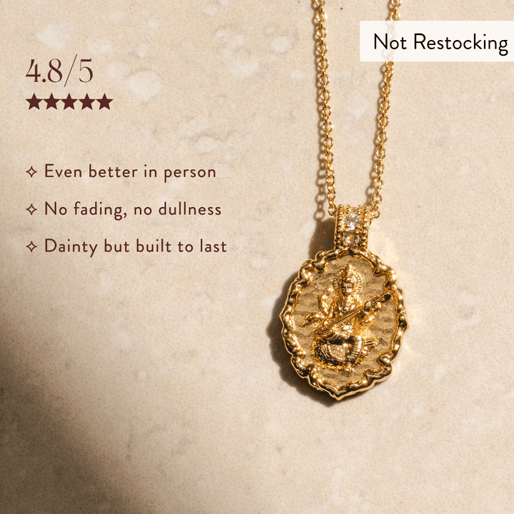 Limited Edition Goddess Saraswati Blue Topaz Necklace with customer-rated quality and natural blue topaz pendant.