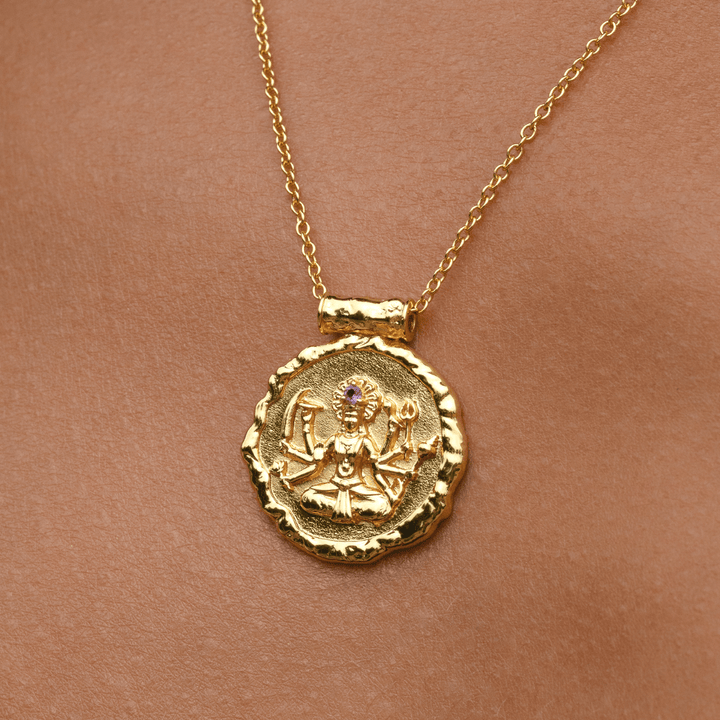 Limited Edition Goddess Durga Amethyst Necklace on gold chain with natural ethically sourced amethyst pendant.