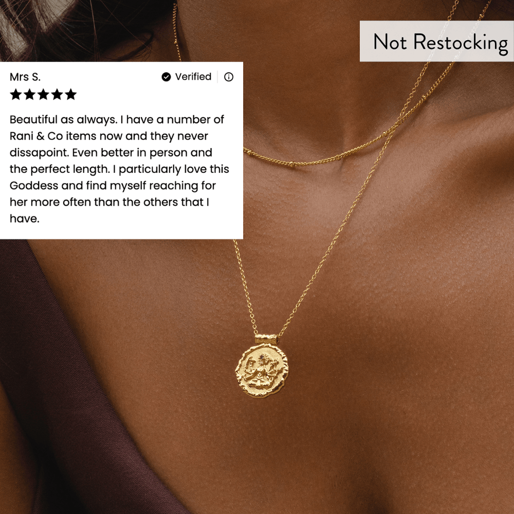 Limited Edition Goddess Durga Amethyst Necklace worn layered with five-star customer review and not restocking message.