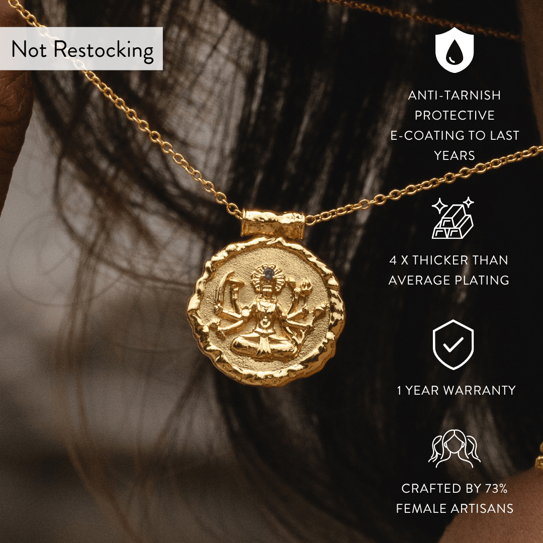 Limited Edition Goddess Durga Amethyst Necklace showing anti-tarnish finish, thick gold plating and one-year warranty.