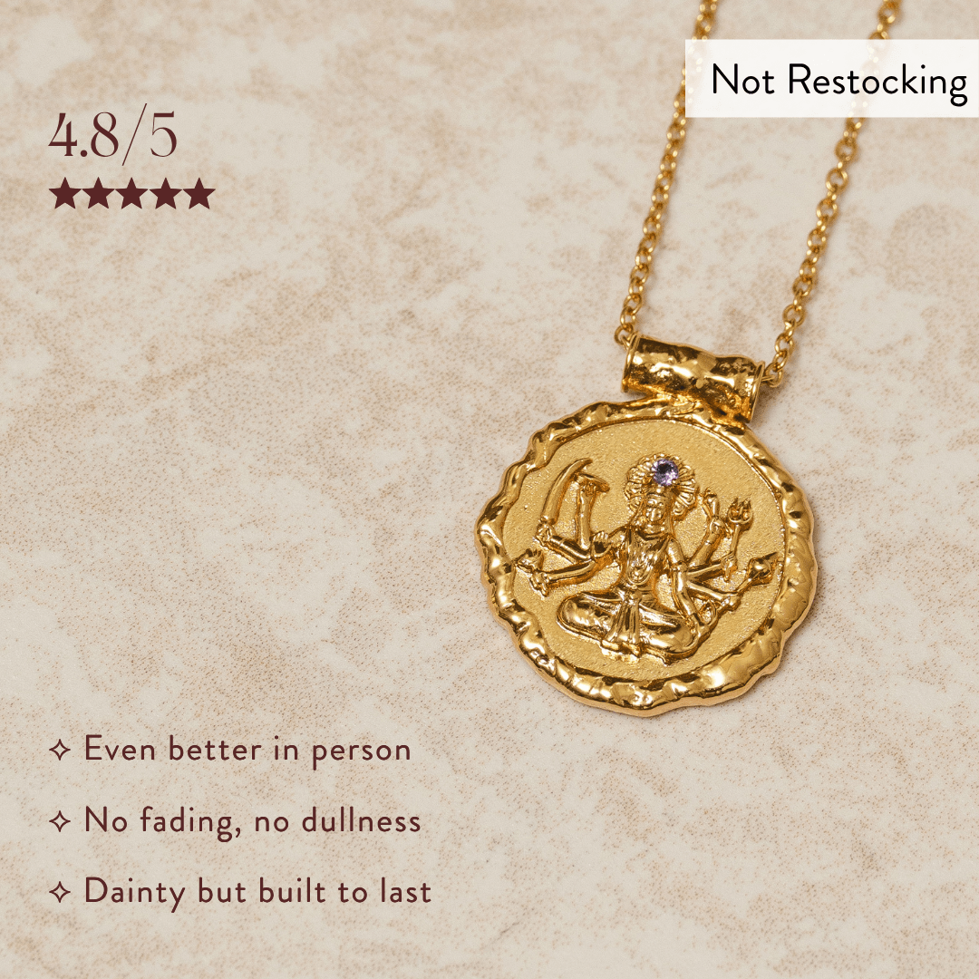 Limited Edition Goddess Durga Amethyst Necklace with natural amethyst and customer-rated quality on gold pendant.