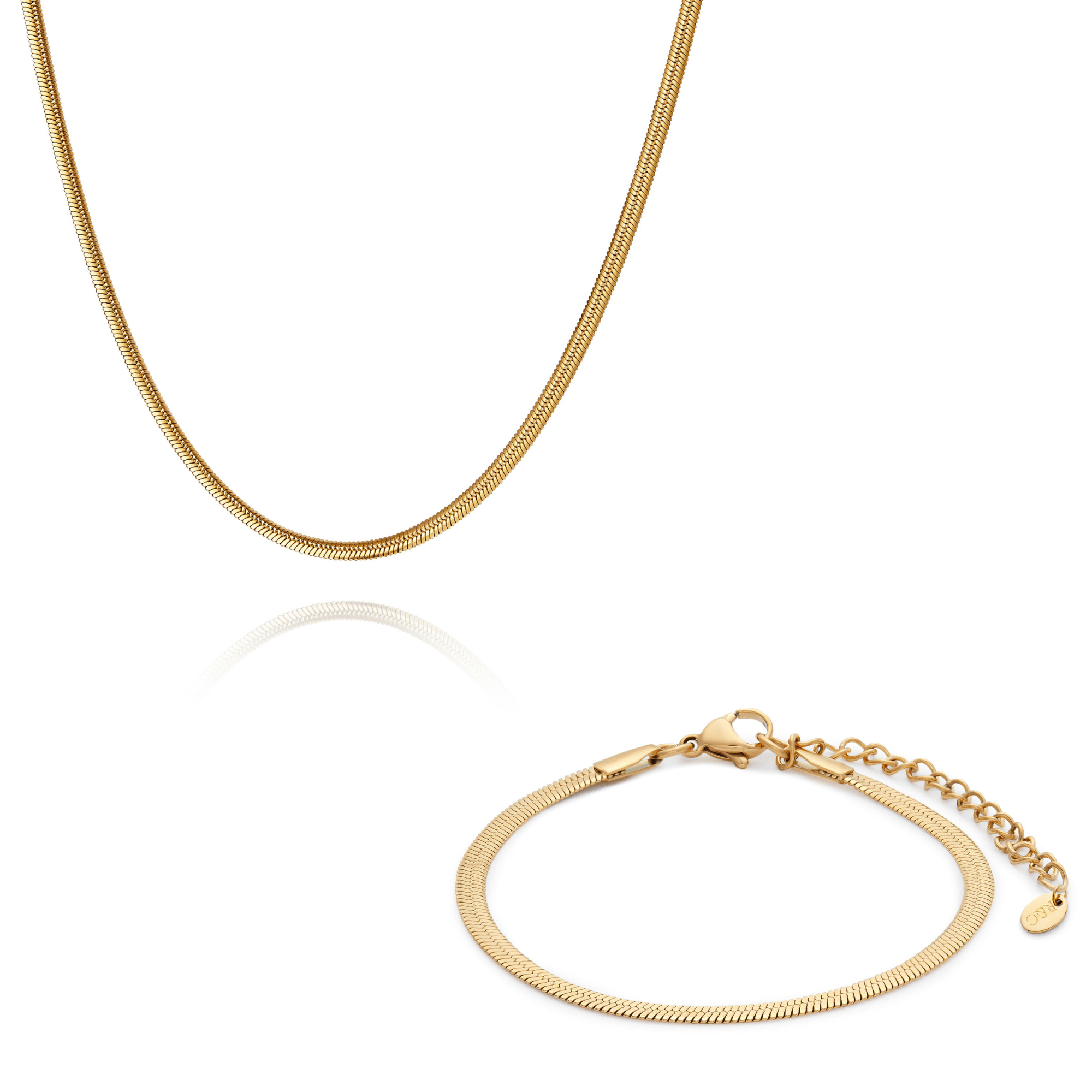 Waterproof snake chain necklace and bracelet set in 18k gold plated by Rani and Co womens jewellery