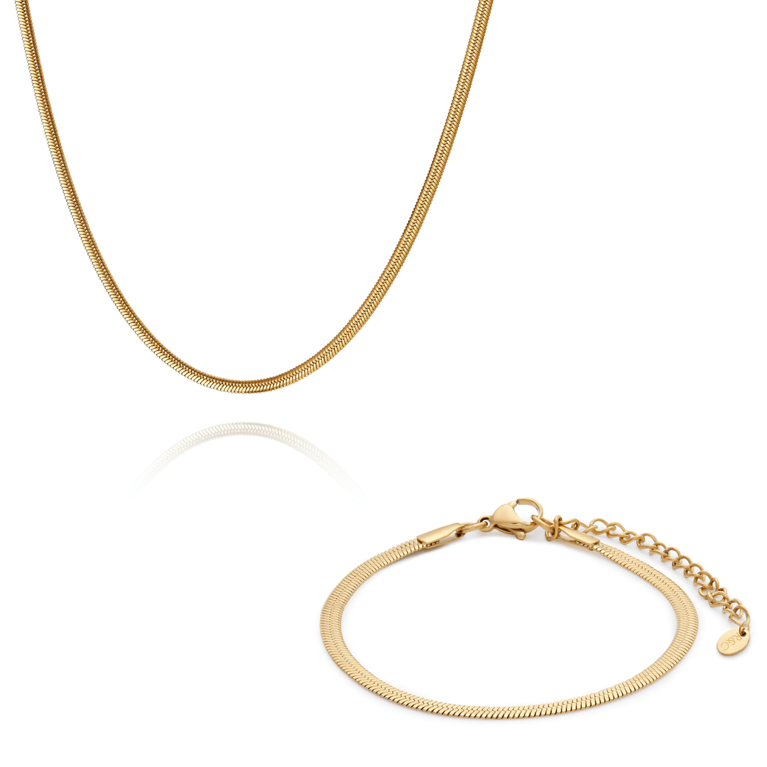 Waterproof snake chain necklace and bracelet set in 18k gold plated by Rani and Co womens jewellery