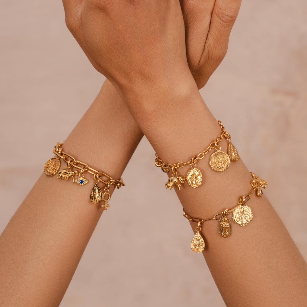 Intricate goddess charms in 18k gold plated finish by Rani and Co womens jewellery