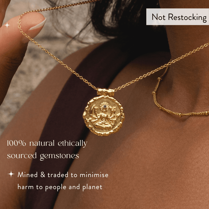 Limited Edition Goddess Durga Amethyst Necklace with ethically sourced natural amethyst gemstone on gold chain.