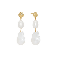 Gold drop pearl earrings with 18k gold plated finish by Rani and Co womens jewellery