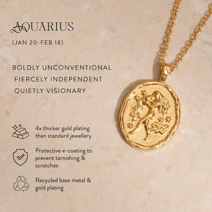 Rani & Co. Aquarius horoscope necklace gold, water bearer medallion January February birthday gift