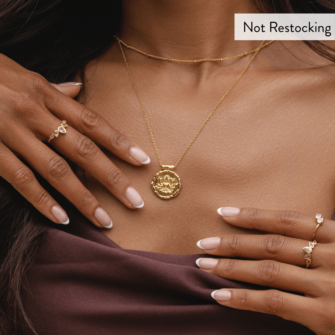 Limited Edition Goddess Durga Amethyst Necklace worn with gold rings for everyday meaningful jewellery styling.