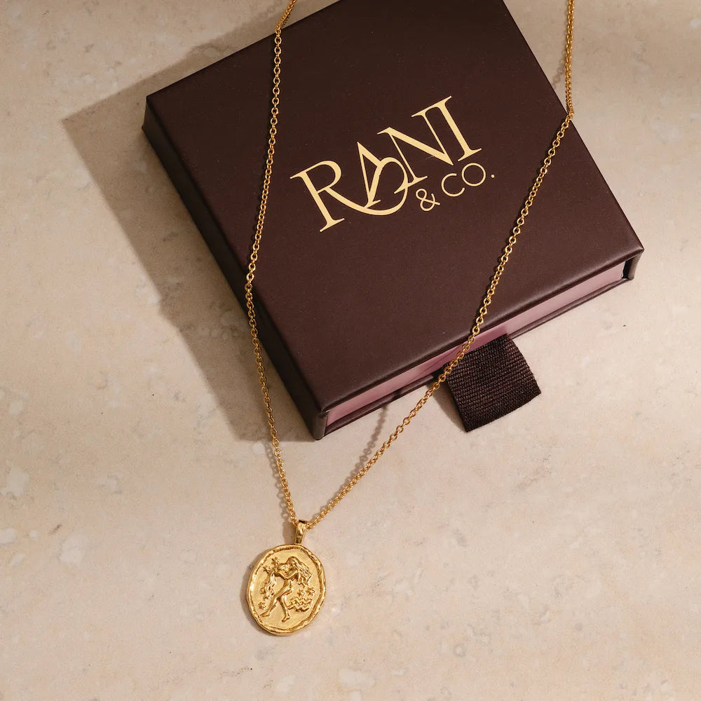 Rani & Co. gold plated Aquarius zodiac coin pendant, layering necklace celestial star sign charm