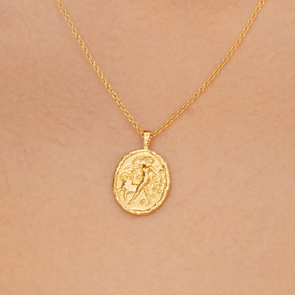Rani & Co. 18k gold plated Aries star sign medallion necklace with woman and ram detail