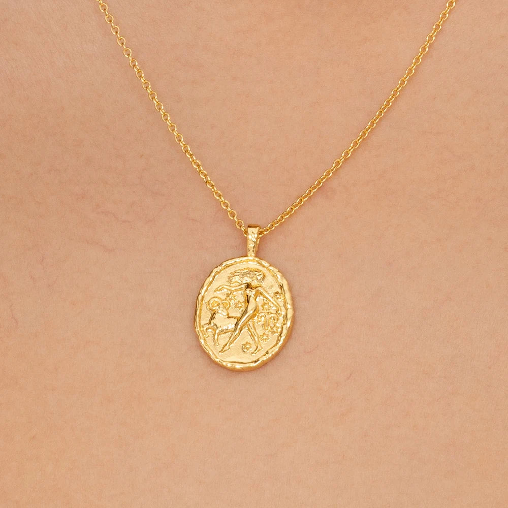 Rani & Co. 18k gold plated Aries star sign medallion necklace with woman and ram detail