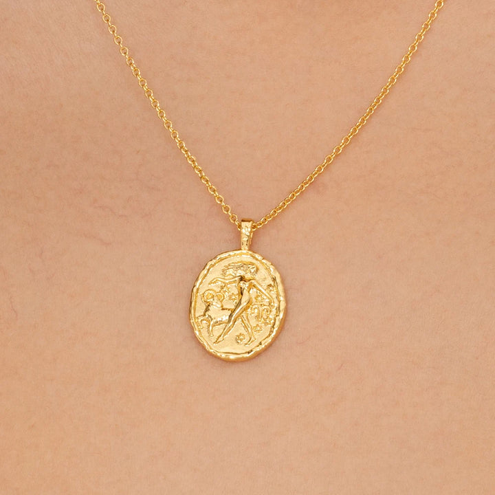Rani & Co. 18k gold plated Aries star sign medallion necklace with woman and ram detail