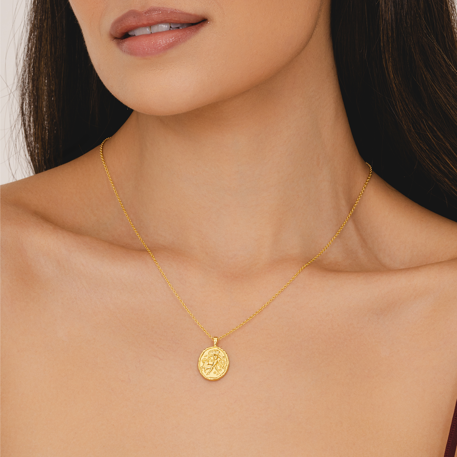 Rani & Co. gold Aries zodiac pendant necklace, embossed woman ram and stars 18k plated