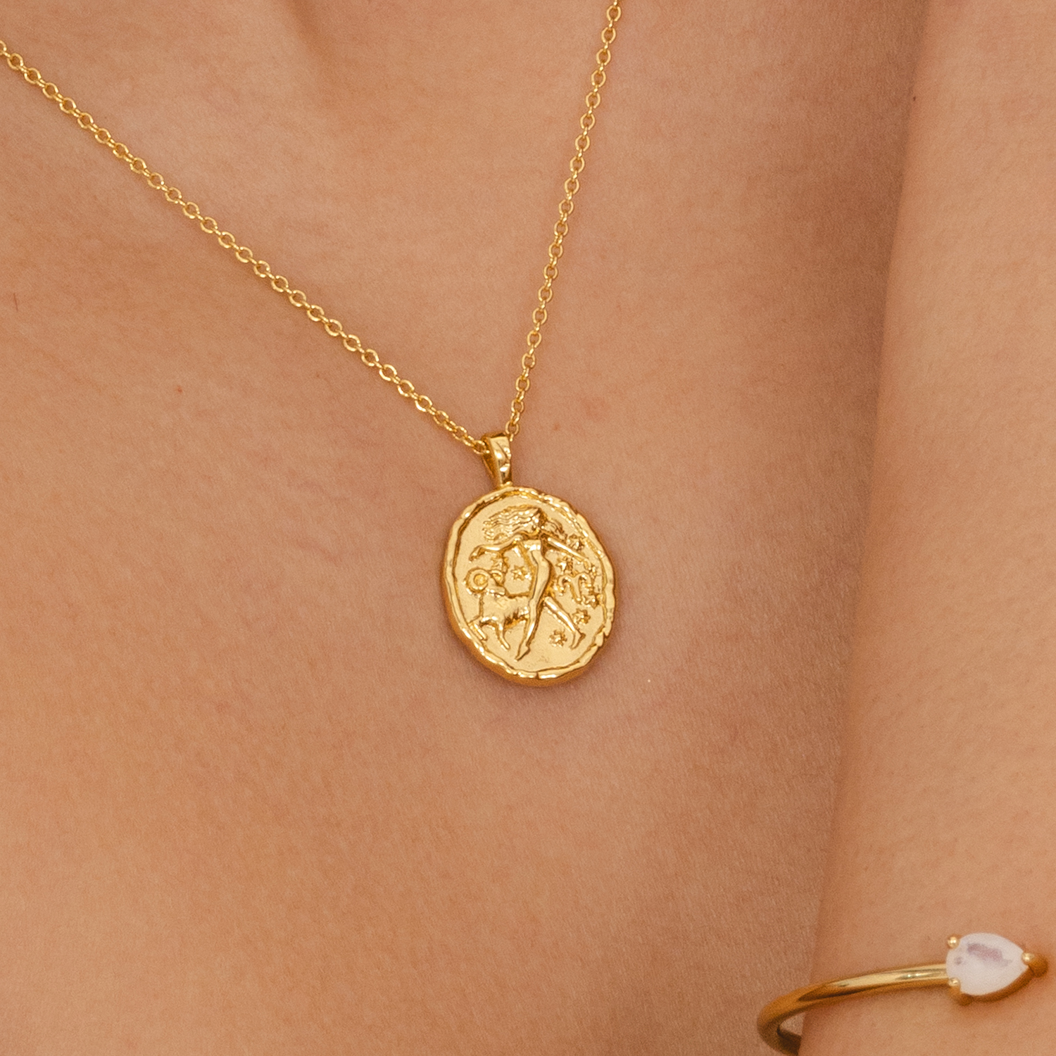 Rani & Co. gold plated Aries coin pendant on cable chain, woman and ram zodiac necklace