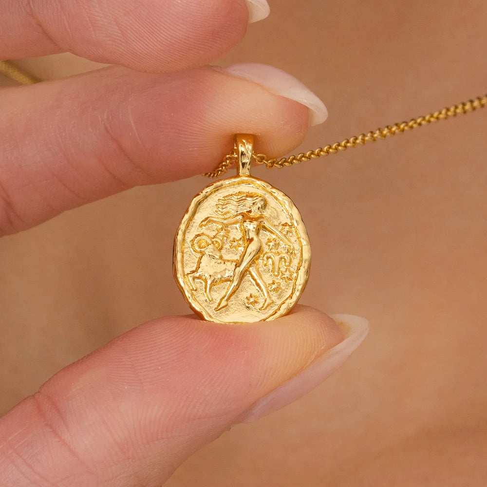 Rani & Co. Aries horoscope coin necklace gold plated, woman and ram celestial jewellery gift