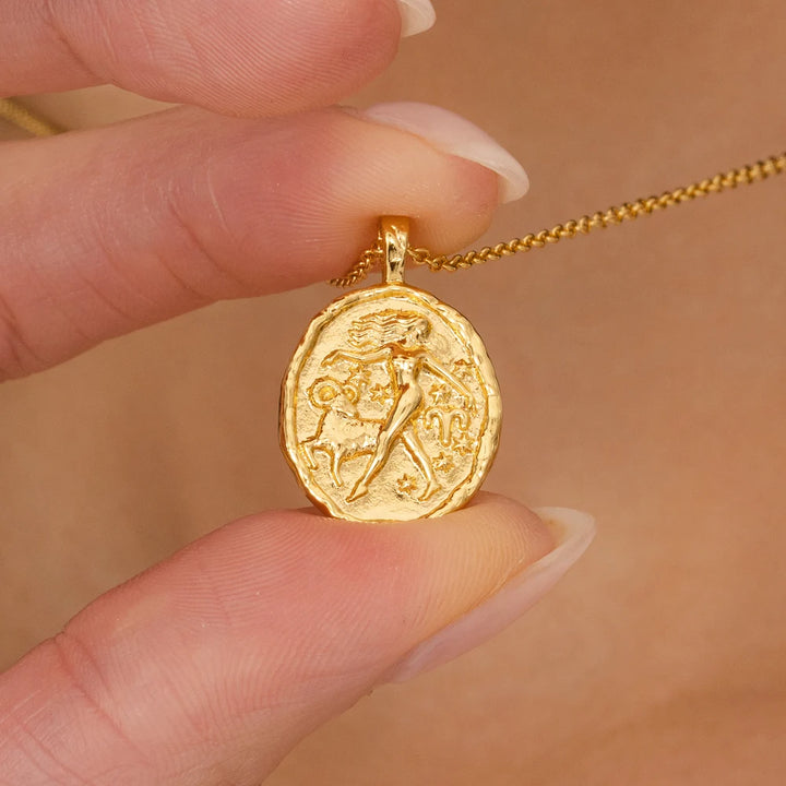 Rani & Co. Aries horoscope coin necklace gold plated, woman and ram celestial jewellery gift
