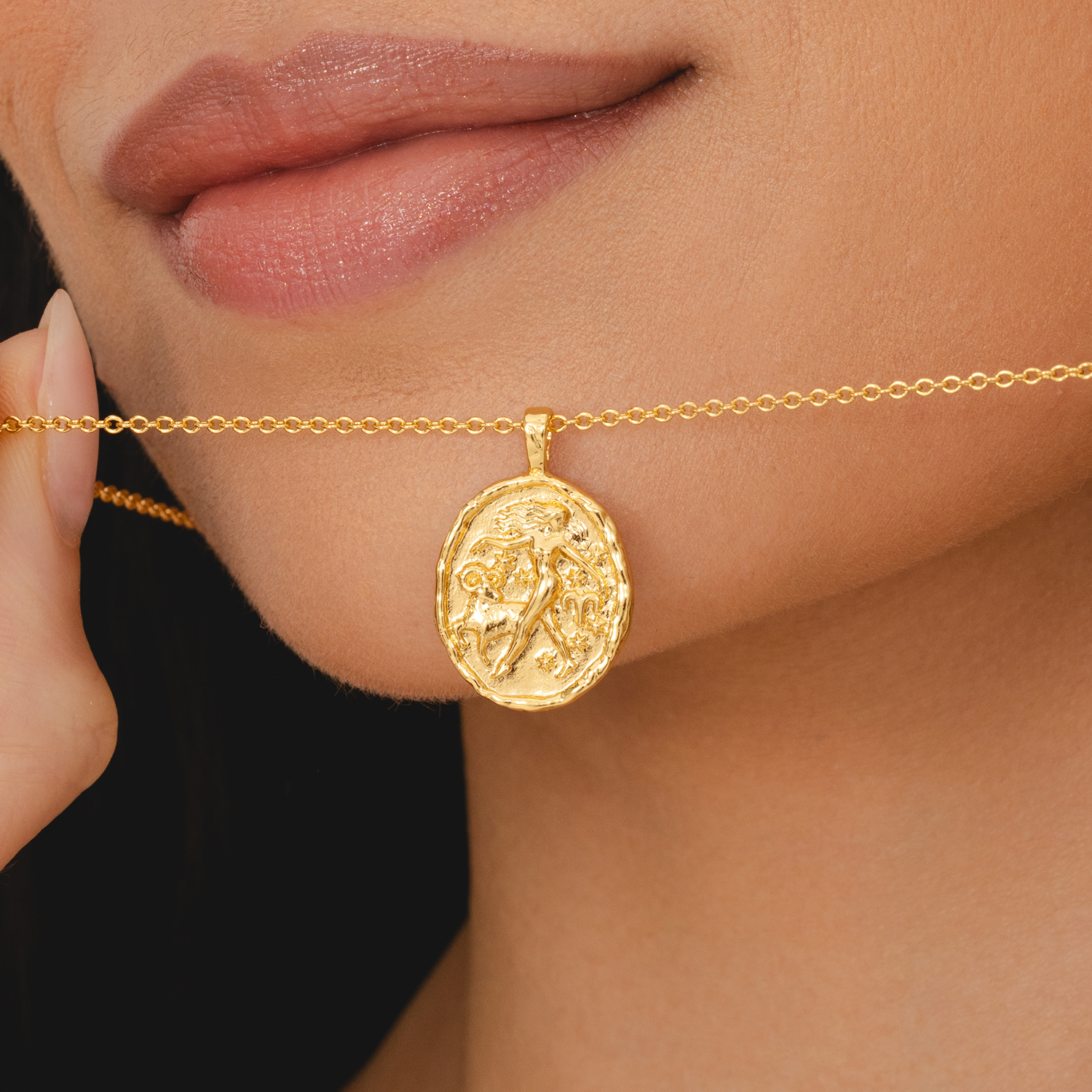 Rani & Co. Aries zodiac necklace 18k gold plated, ancient coin-style woman and ram motif