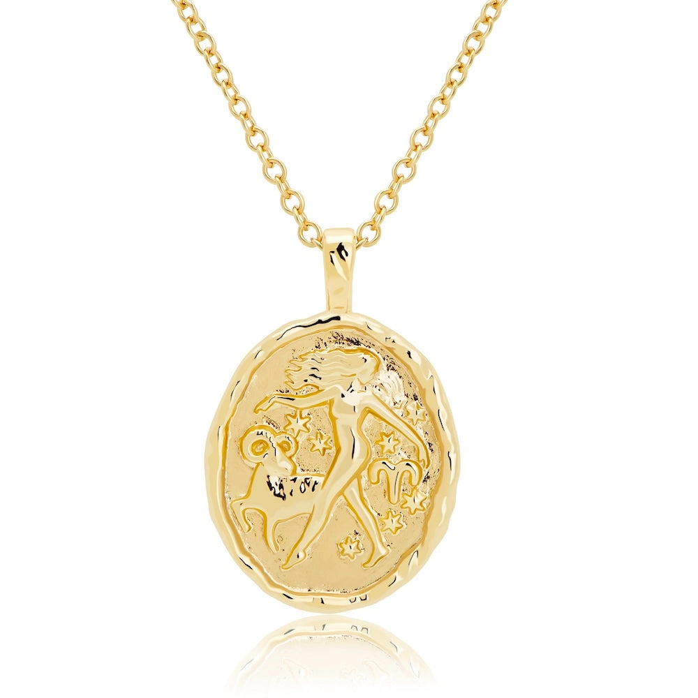 Rani & Co. Aries zodiac coin necklace 18k gold plated, embossed woman and ram constellation