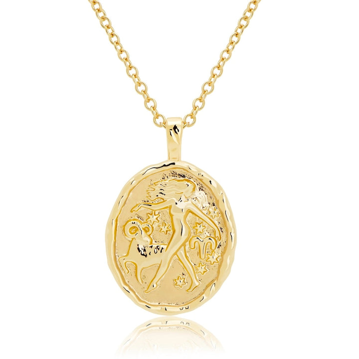 Rani & Co. Aries zodiac coin necklace 18k gold plated, embossed woman and ram constellation