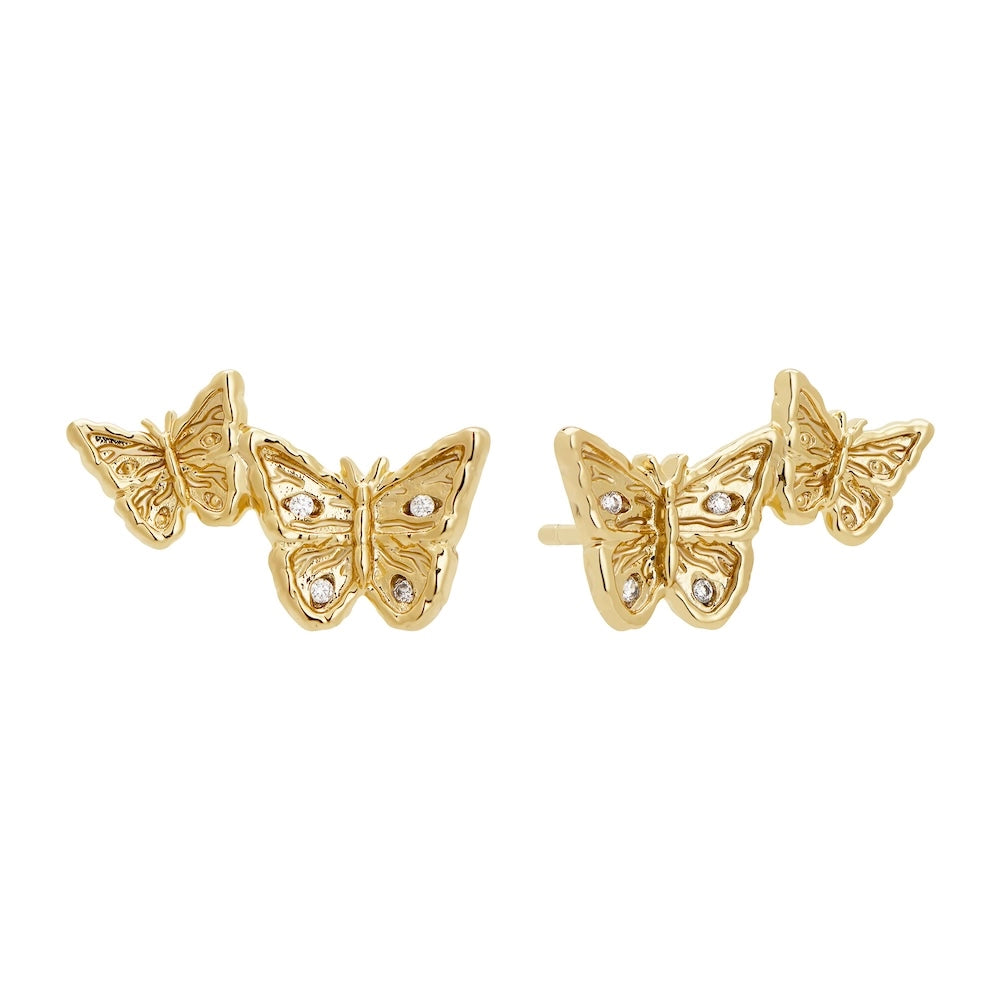 Gold double butterfly climber earrings with cubic zirconia stones, 18k gold-plated recycled brass, 17mm