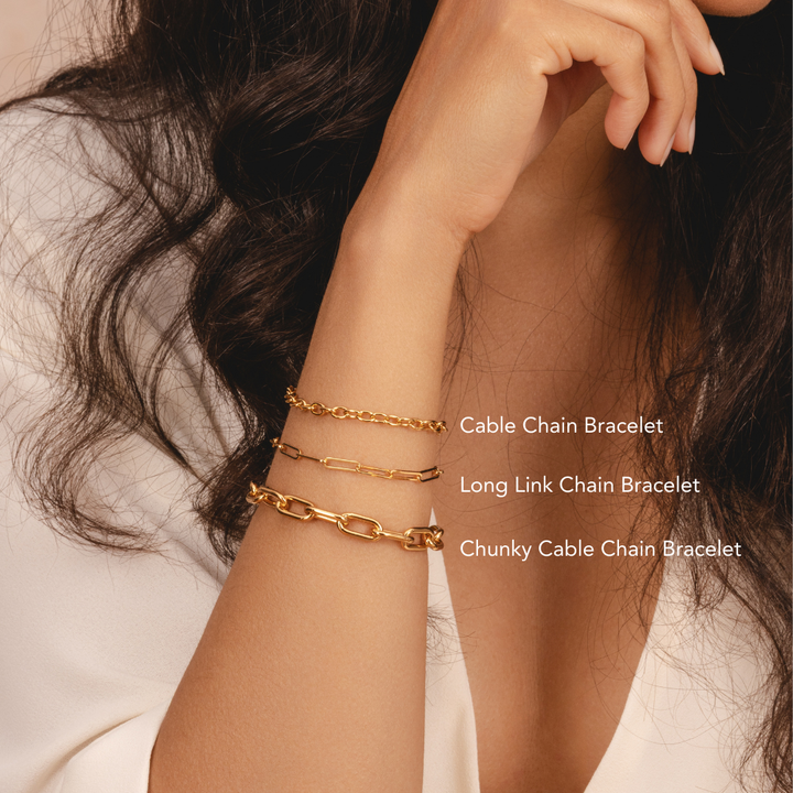Elegant gold chain bracelet with classic cable links designed as a charm bracelet by Rani and Co jewellery