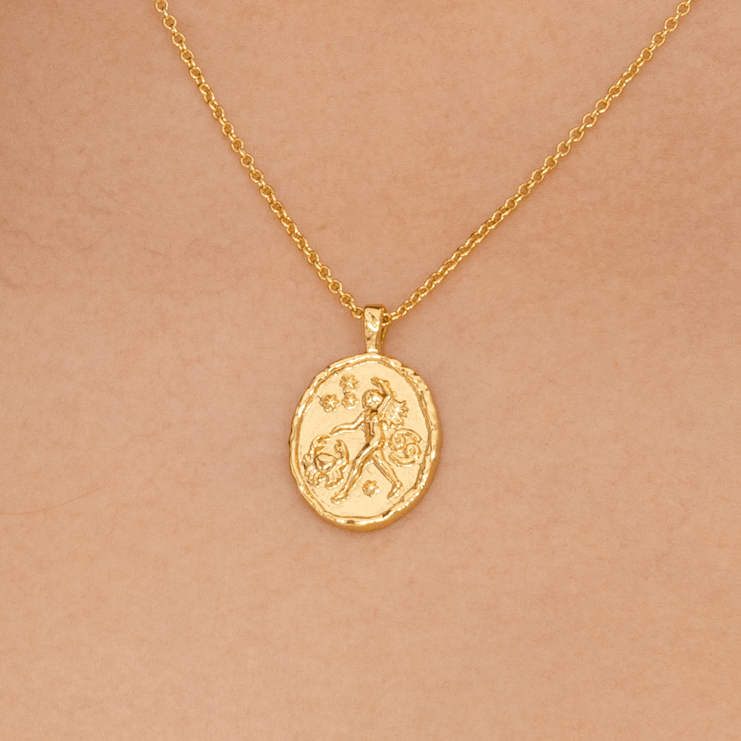 Gold Cancer zodiac coin necklace with crab symbol and constellation stars astrology pendant jewellery for Cancer horoscope