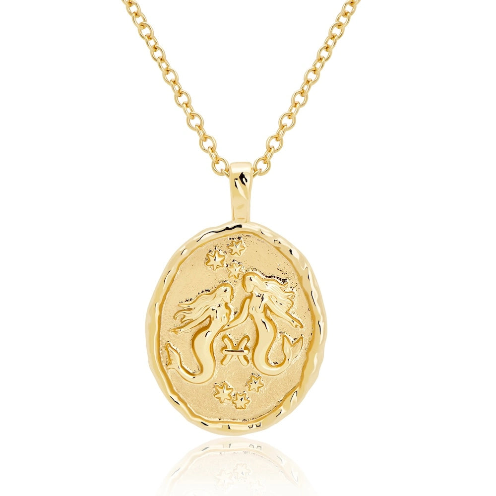 Rani & Co. Pisces zodiac coin necklace 18k gold plated, embossed mermaid and star constellation