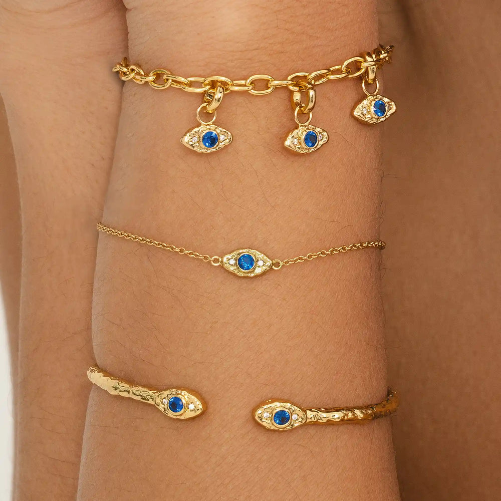 Gold evil eye chain bracelet recycled brass 18k gold plated blue white cubic zirconia adjustable women.