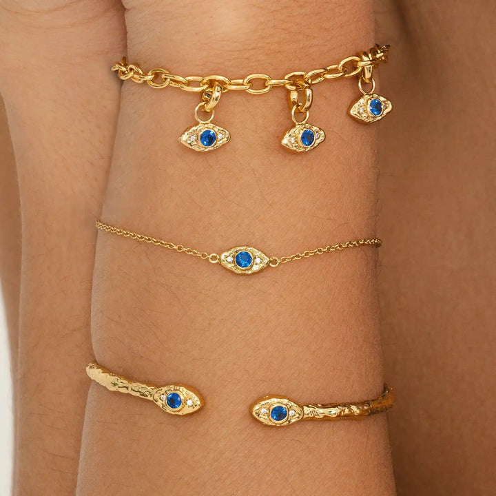 Gold evil eye chain bracelet recycled brass 18k gold plated blue white cubic zirconia adjustable women.