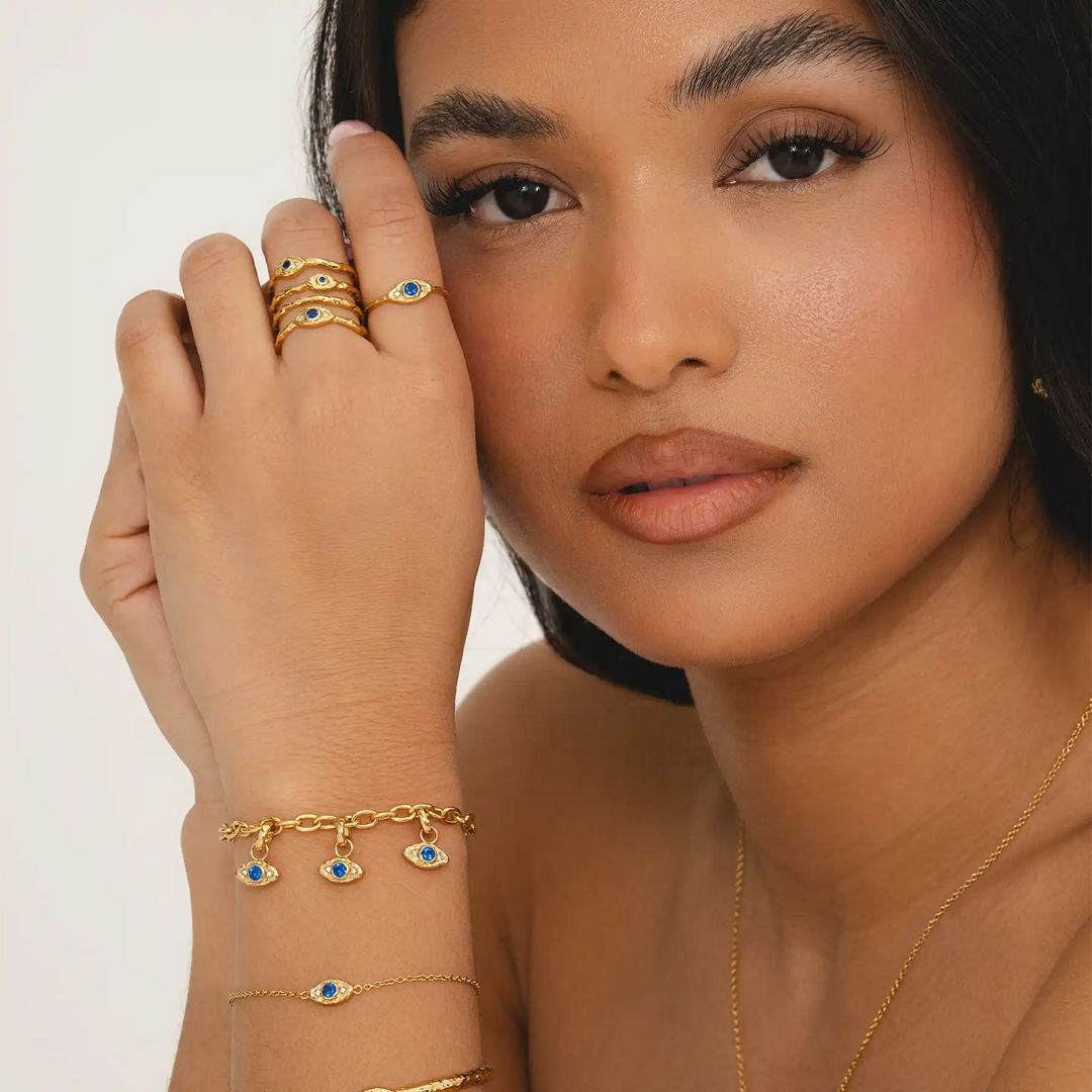 Recycled brass 18k gold evil eye bracelet blue white CZ stones adjustable chain eco-friendly demi fine jewellery