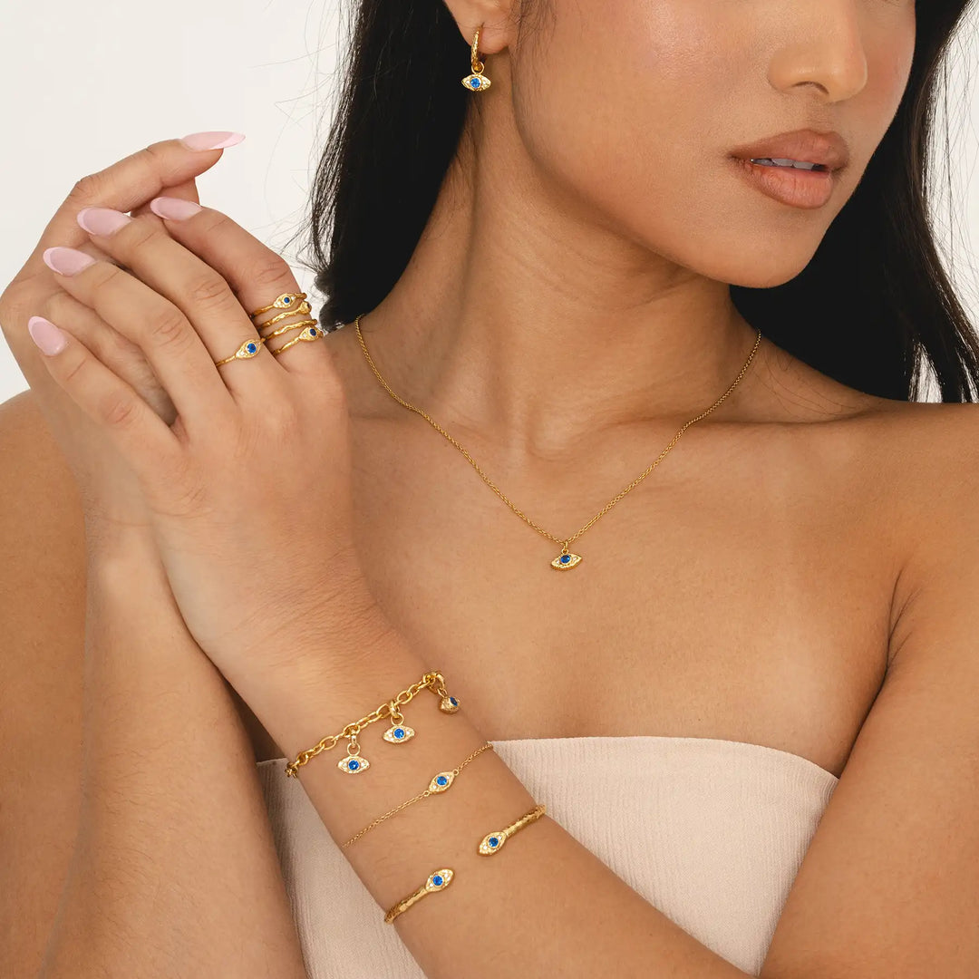 dainty gold evil eye bracelet 18k gold plated recycled brass blue cubic zirconia adjustable chain gift women