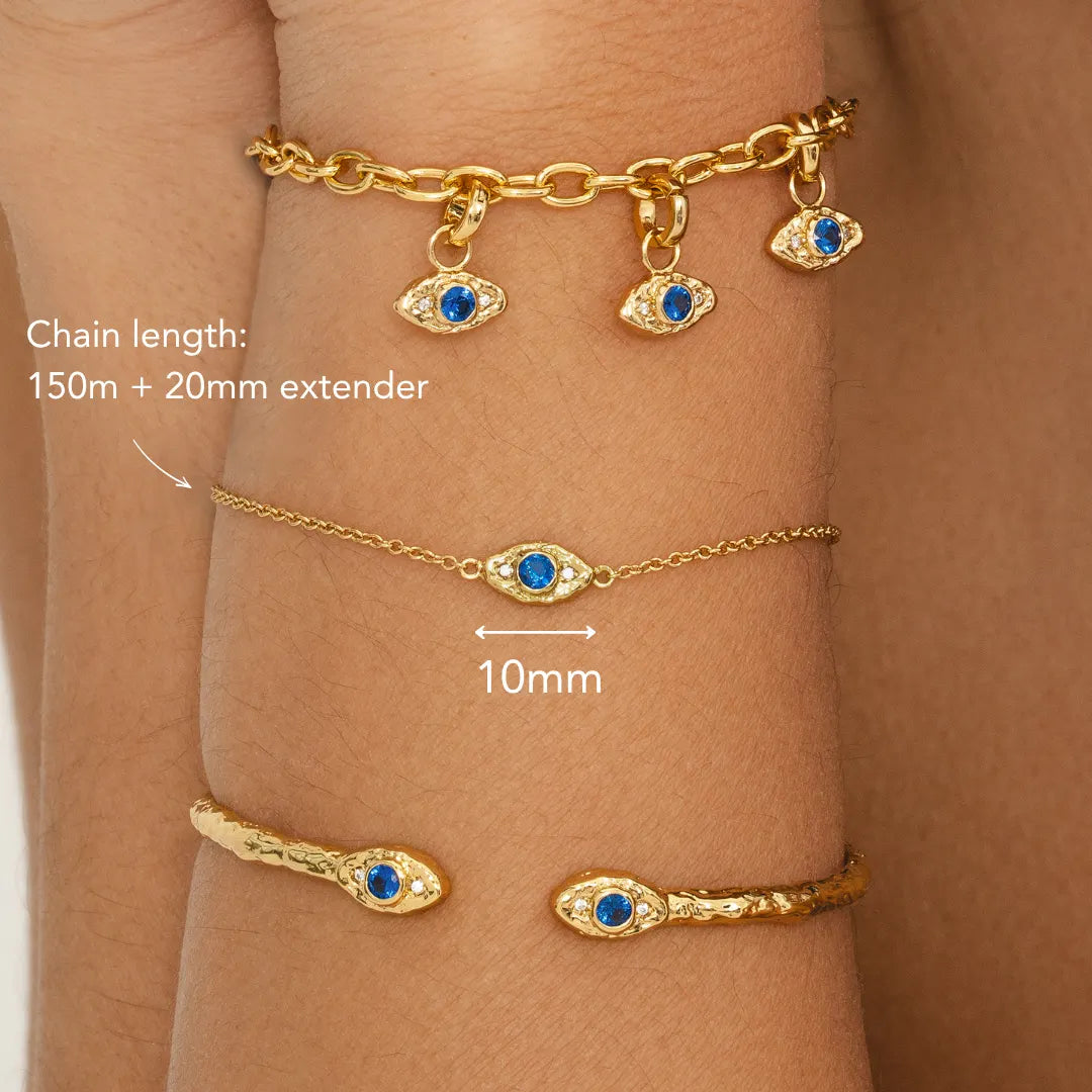 Evil eye protection bracelet 18k gold plated recycled brass blue white cubic zirconia adjustable chain women