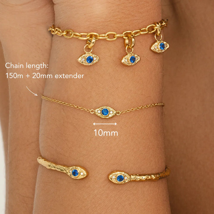 Evil eye protection bracelet 18k gold plated recycled brass blue white cubic zirconia adjustable chain women