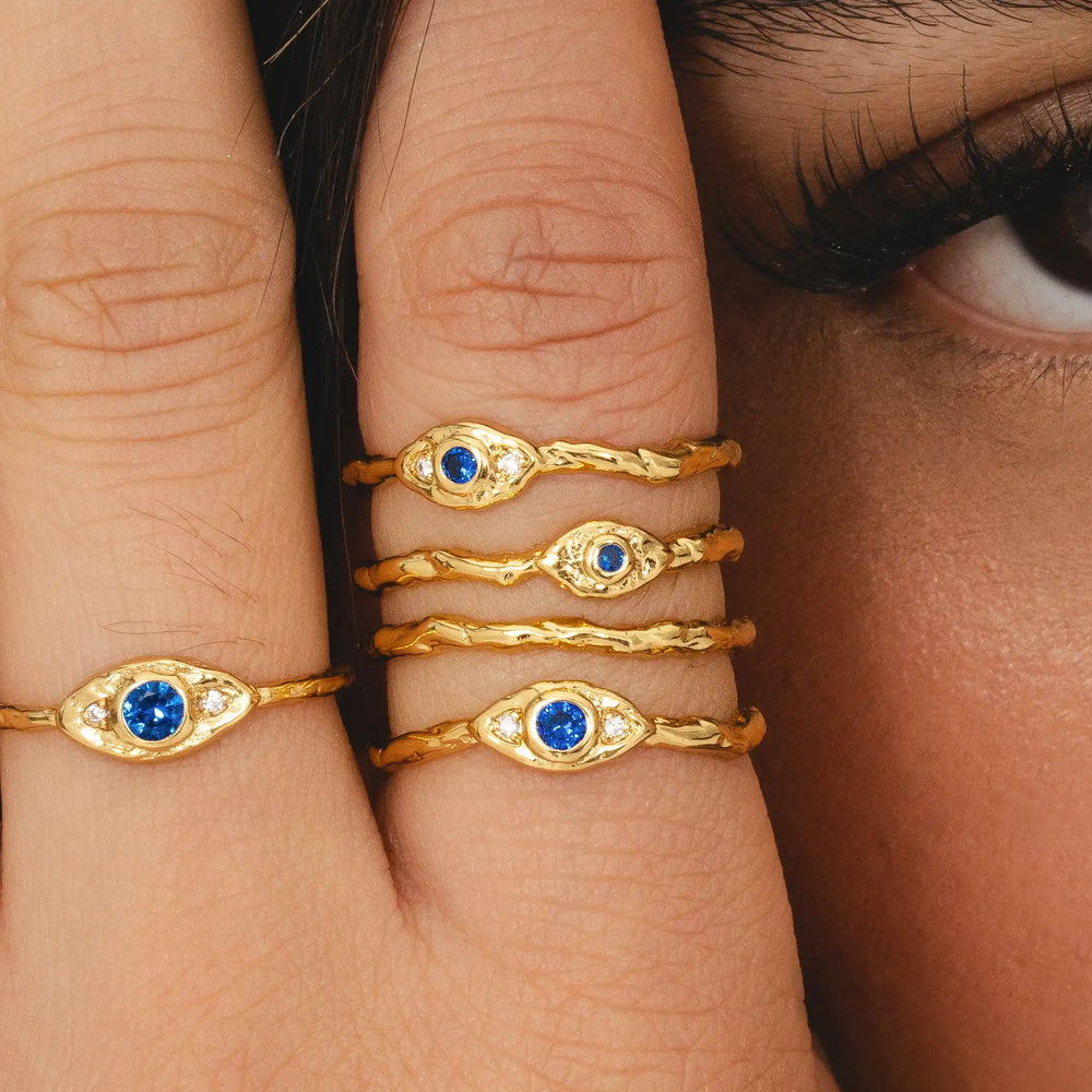 Recycled 18k gold plated evil eye stack ring recycled brass blue white cubic zirconia multi-row band