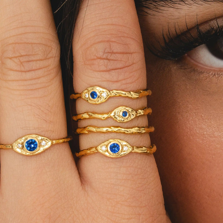 Recycled 18k gold plated evil eye stack ring recycled brass blue white cubic zirconia multi-row band