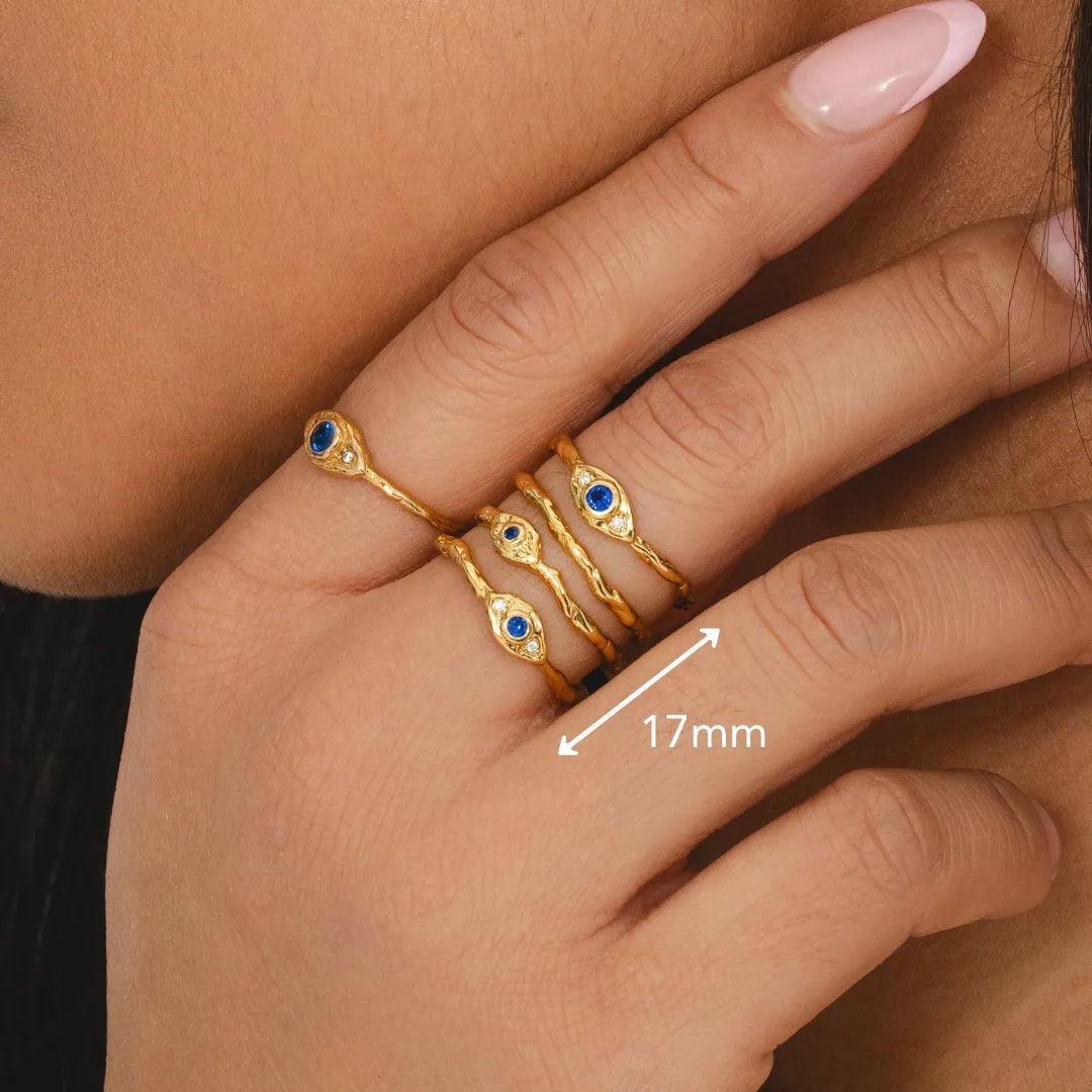 Blue cubic zirconia evil eye stacked gold ring recycled 18k plated brass multi-band statement jewellery