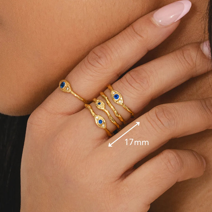 Blue cubic zirconia evil eye stacked gold ring recycled 18k plated brass multi-band statement jewellery