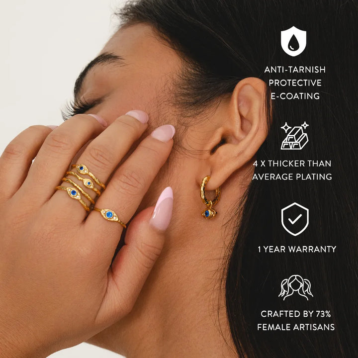 Hammered gold evil eye stacked ring recycled 18k plated brass blue sapphire white cubic zirconia multi-row
