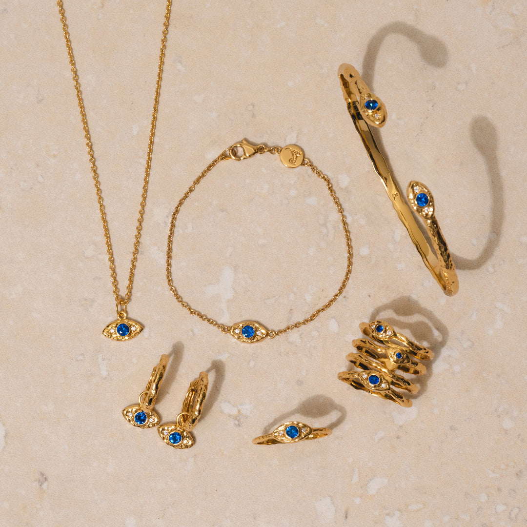 Luxury evil eye multi-band ring recycled 18k gold plated brass blue white cubic zirconia statement women