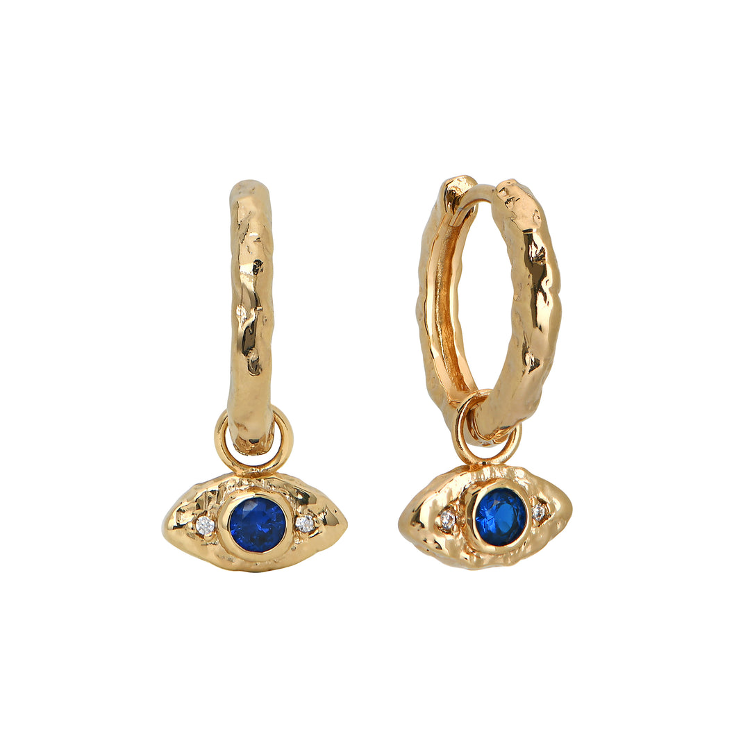 evil eye charm hammered molten gold hoop earrings, Rani & Co jewellery