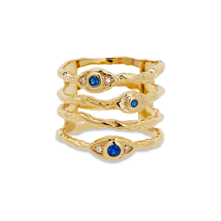 Gold evil eye stacked ring with blue cubic zirconia stones, 18k gold-plated recycled brass, hypoallergenic statement ring.