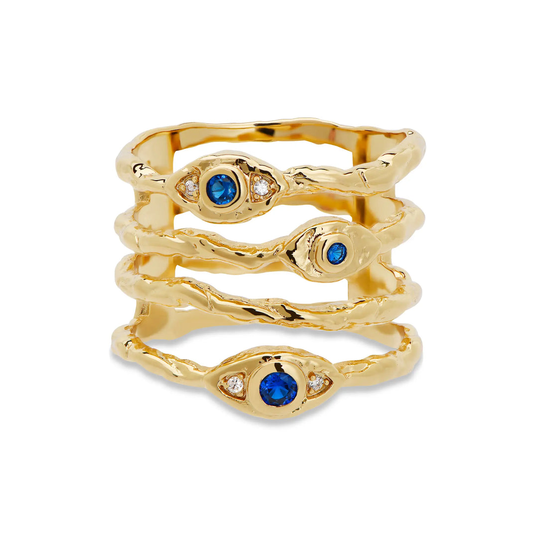 Gold evil eye stacked ring with blue cubic zirconia stones, 18k gold-plated recycled brass, hypoallergenic statement ring.