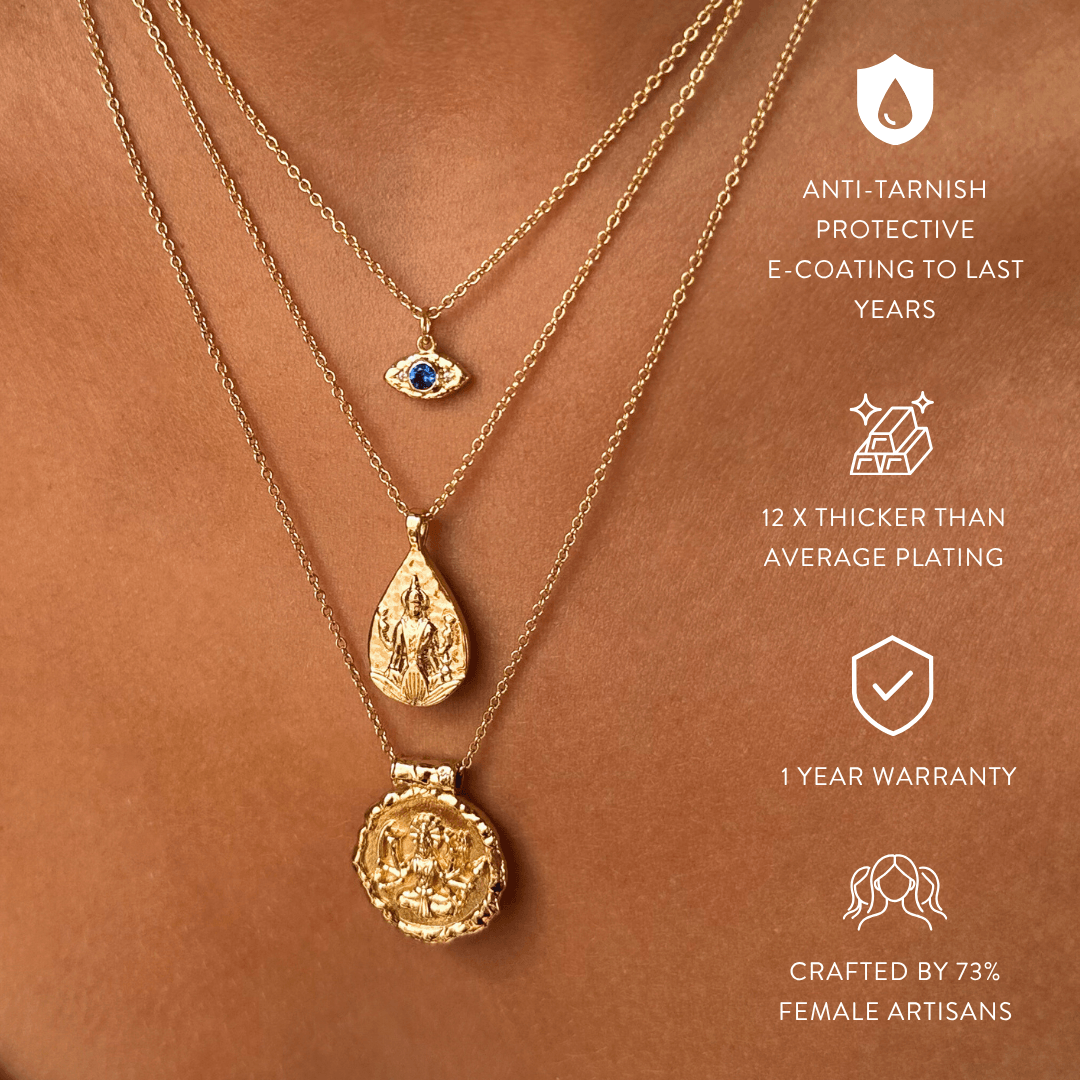 18k plated gold Hindu goddess Lakshmi and Durga necklace for women featuring divine gold jewellery by Rani and Co