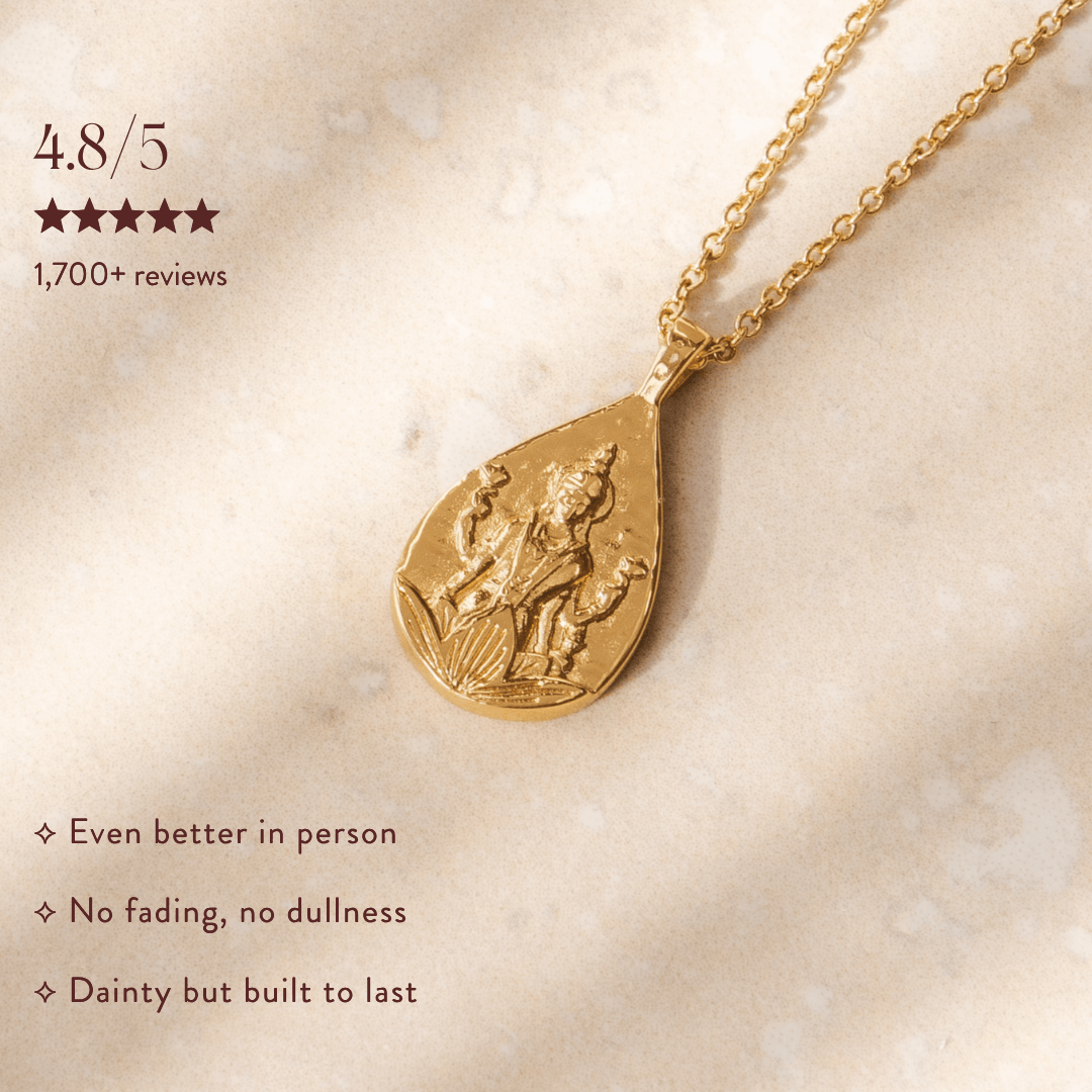 Lakshmi necklace with gold pendant featuring Hindu goddess in 18k plating by Rani and Co womens jewellery