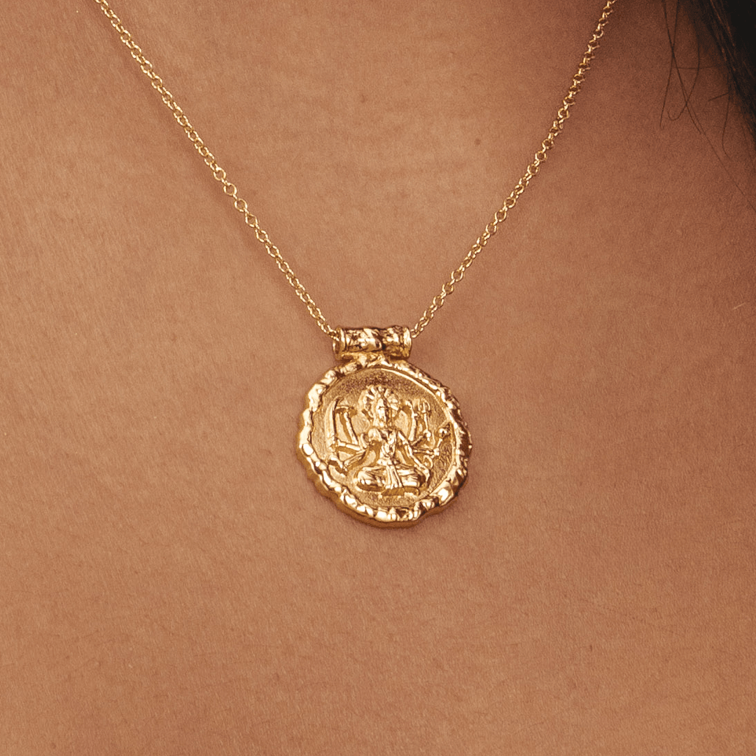Recycled 18k gold plated Goddess Durga coin pendant necklace — meaningful spiritual gift for her (