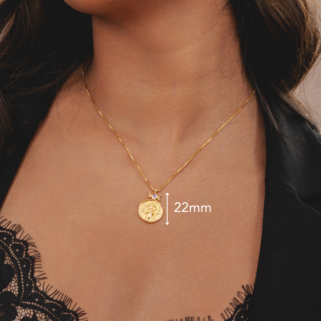 Hecate gold necklace with 18k plated finish and moonstone pendant by Rani and Co womens jewellery