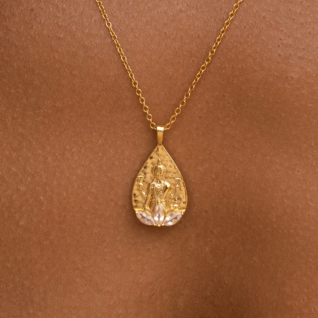 Limited Edition Goddess Lakshmi Rose Quartz Necklace with natural rose quartz on recycled 18k gold chain.