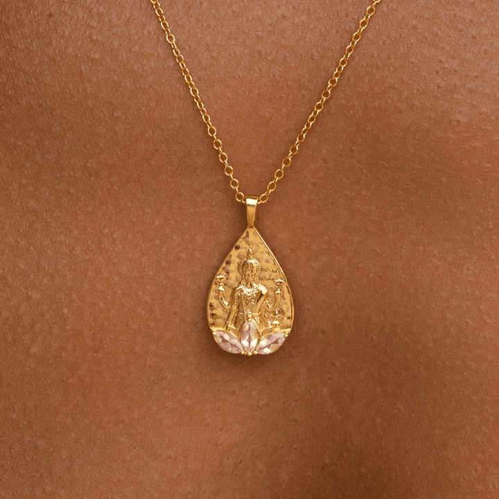 Limited Edition Goddess Lakshmi Rose Quartz Necklace with natural rose quartz on recycled 18k gold chain.