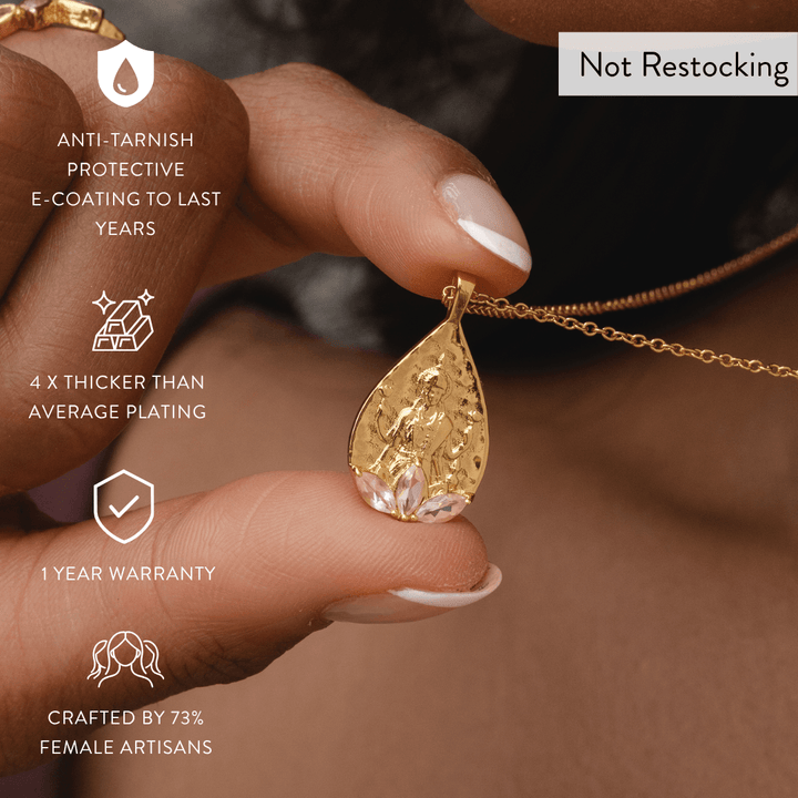 Limited Edition Goddess Lakshmi Rose Quartz Necklace showing anti-tarnish finish, thick gold plating and one-year warranty.