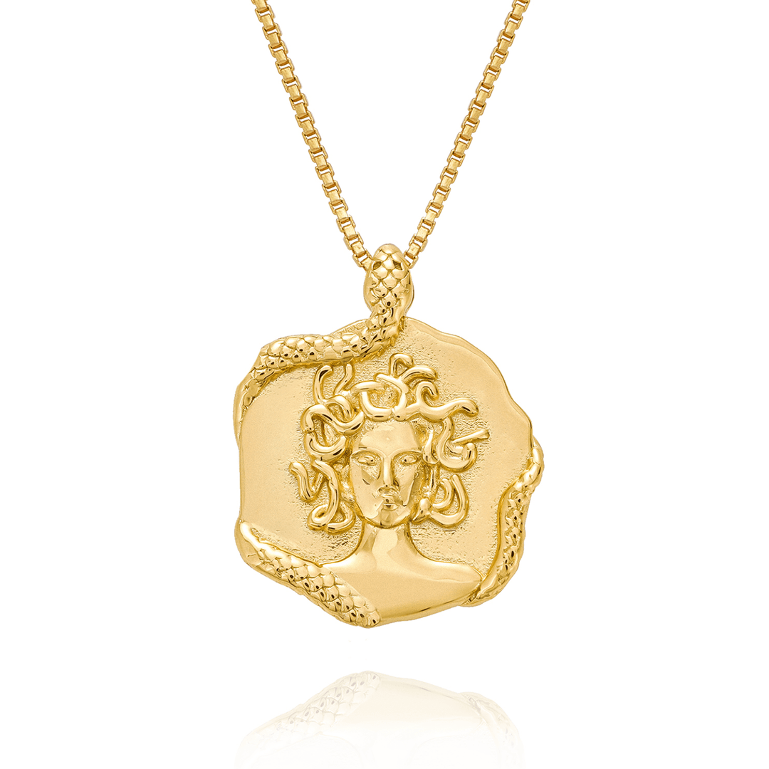 18k gold plated Medusa necklace with snake detail, Greek goddess pendant, bold luxury statement jewelry for women